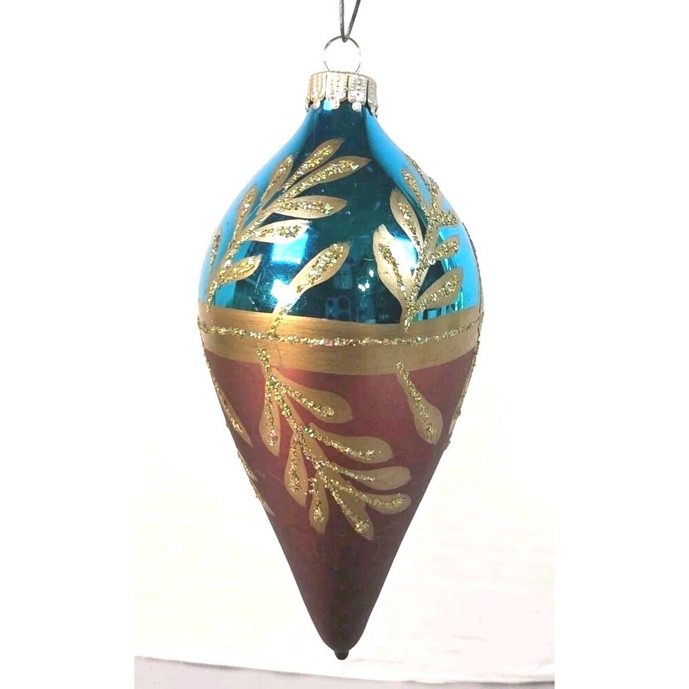 Vintage Hand Blown Glass Teardrop Christmas Ornament 4" Brown Teal Gold Glitter